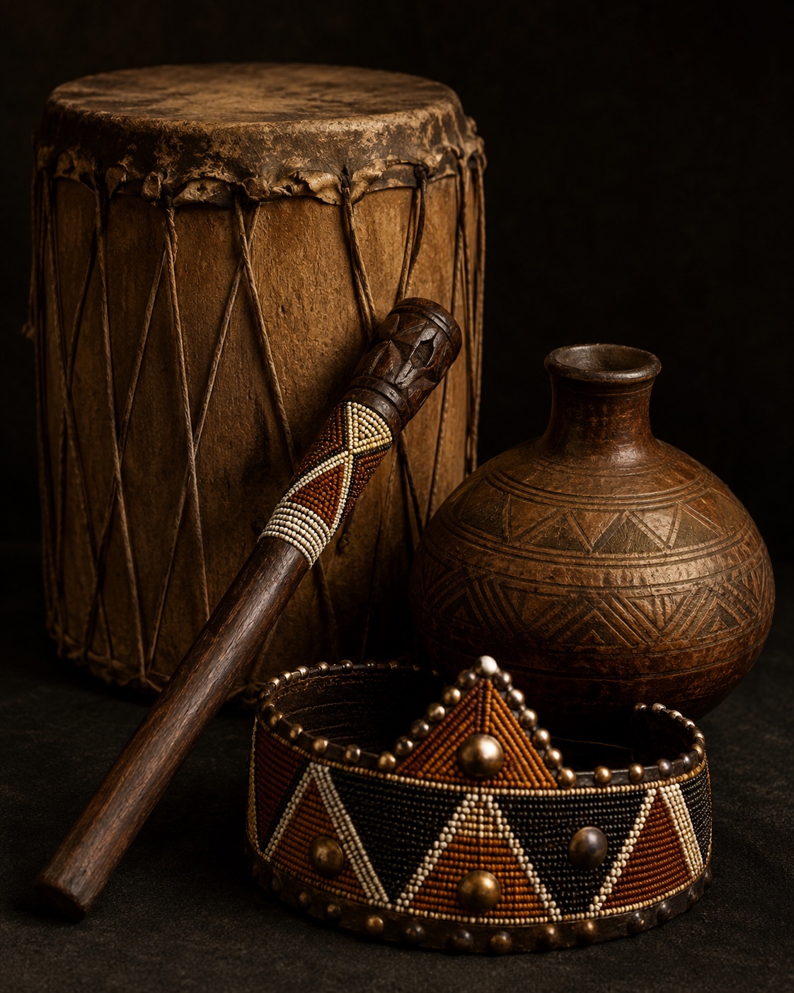 A ceremonial still life against black: a laced skin drum, a beaded staff, a carved clay vessel and a beaded crown