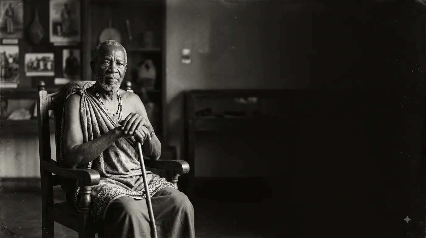 An elder seated in a carved wooden chair in the museum interior, resting both hands on a walking stick, framed photographs behind him