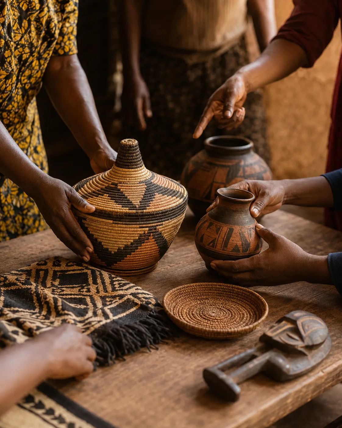 Hands lifting a woven basket and clay vessels onto a wooden table