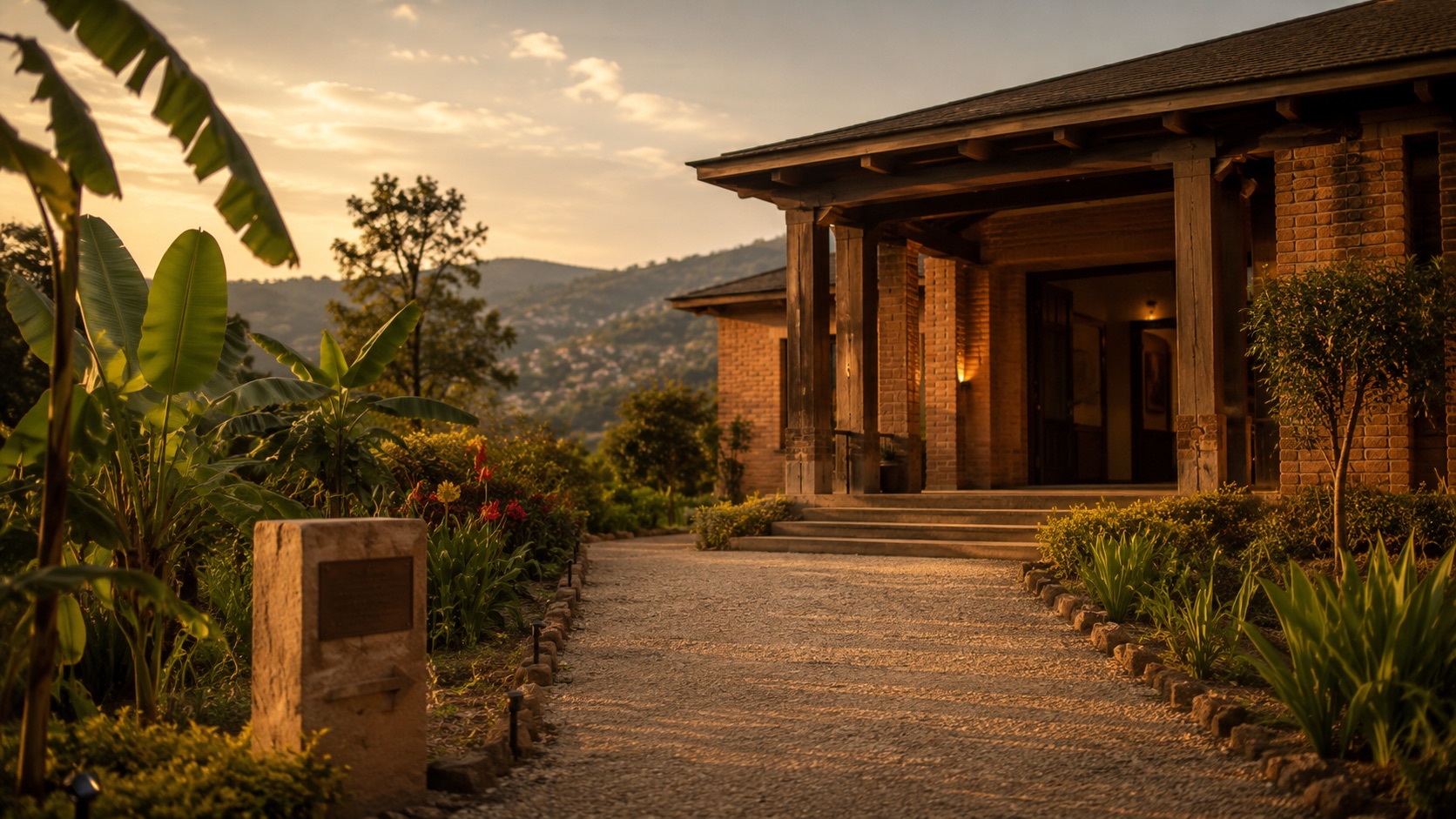 The museum approach at golden hour: a gravel path leading to a brick and timber entrance, hills beyond