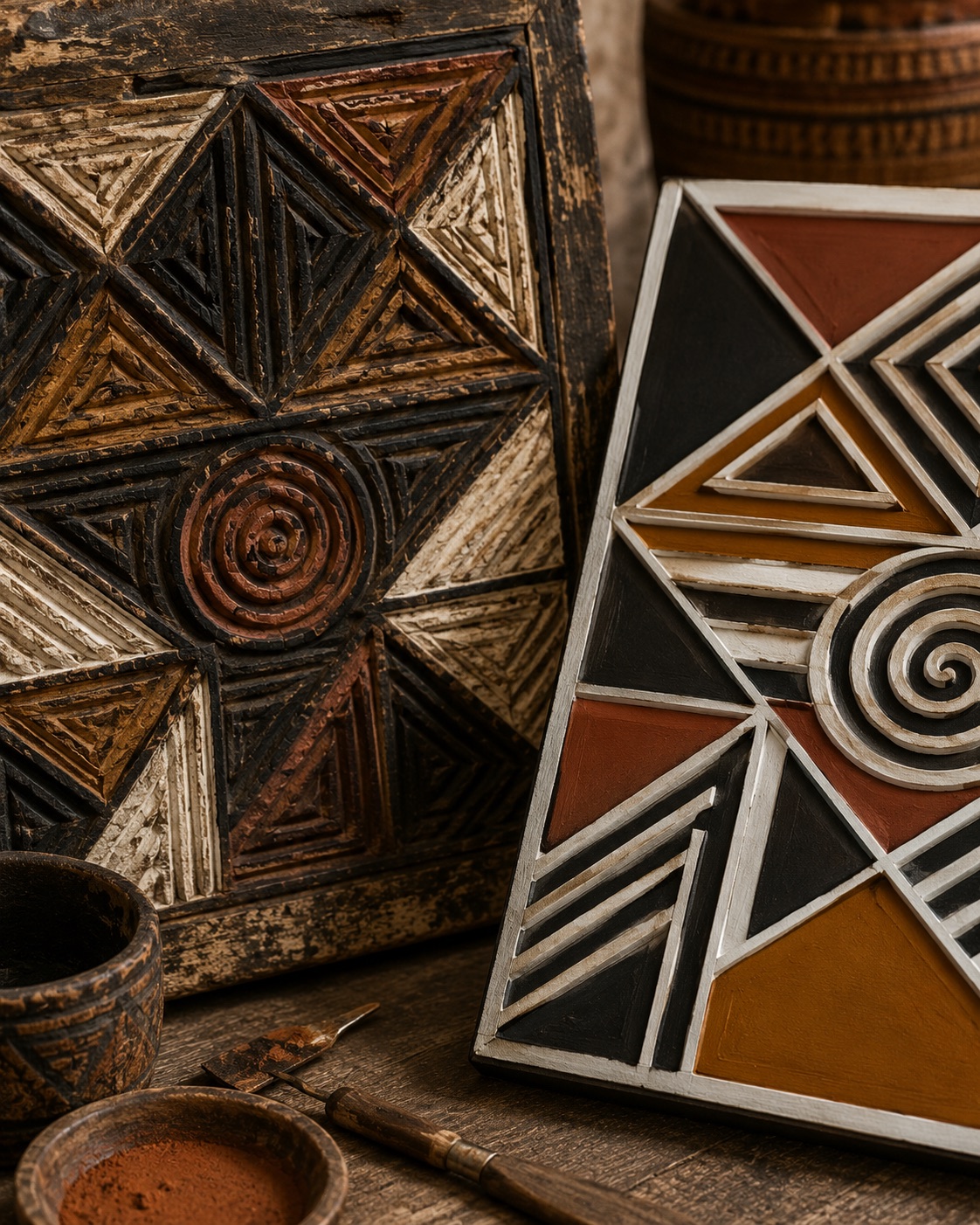 Imigongo panels with pigment and tools