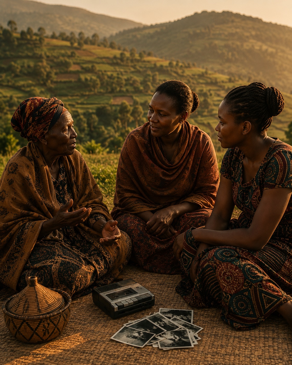 Three women of different generations sitting on a mat above terraced hills, a cassette recorder and photographs between them