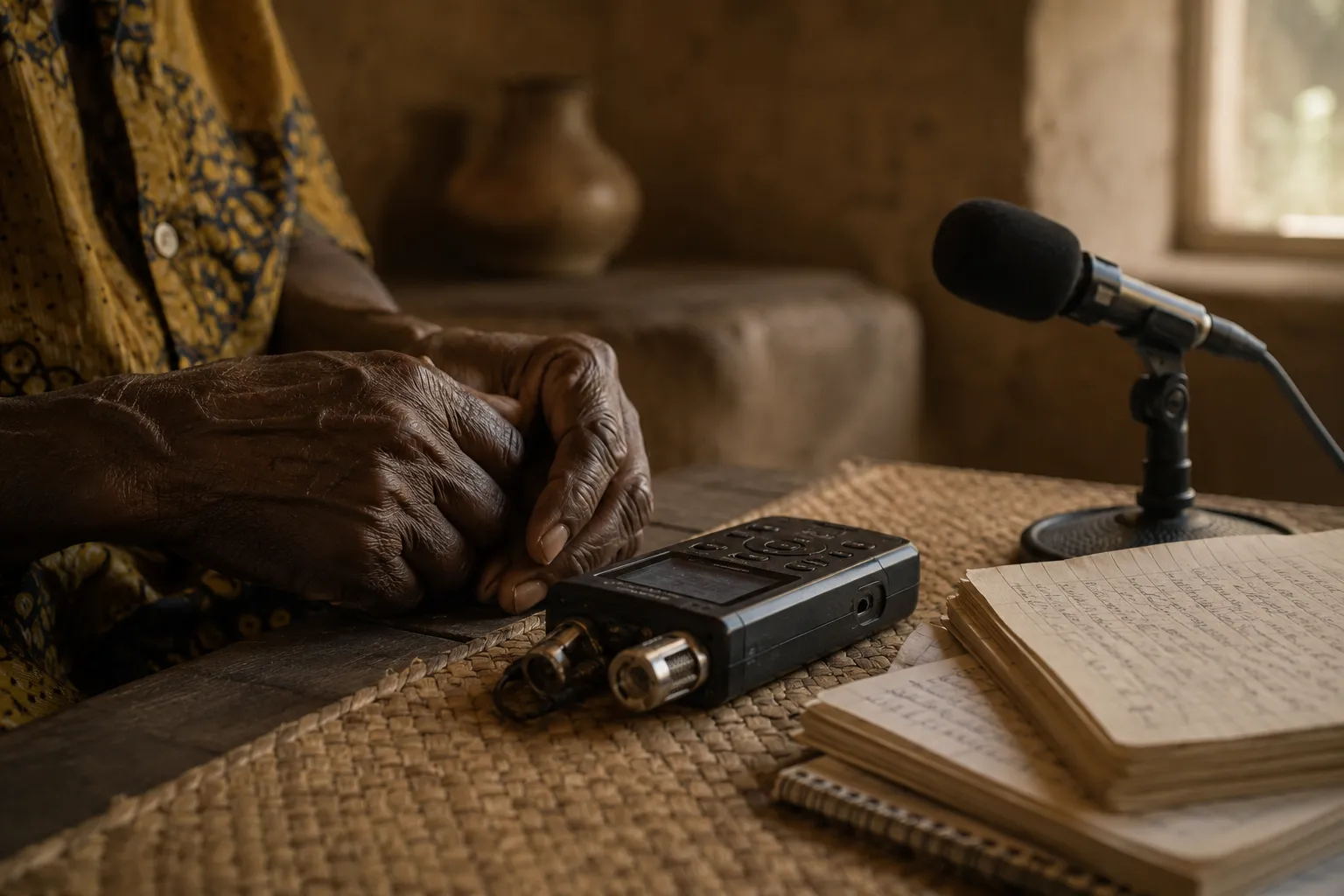 A digital recorder, microphone and handwritten notebooks on a woven mat