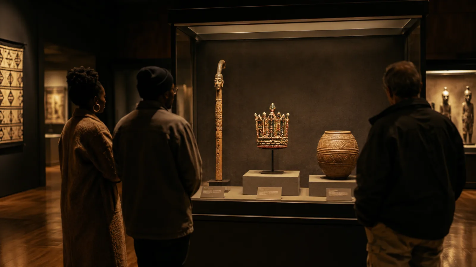 Three visitors before a lit vitrine holding a beaded crown, carved staff and clay vessel
